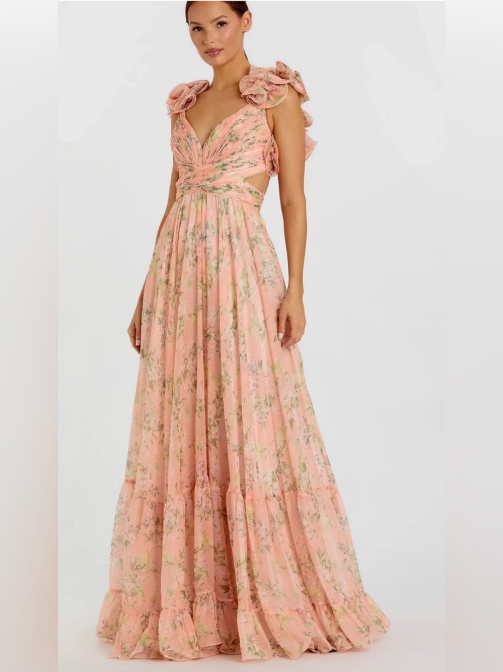MAC DUGGAL PINK RUFFLE TIERED FLORAL CUT-OUT CHIFFON GOWN MAXI DRESS SZ 2